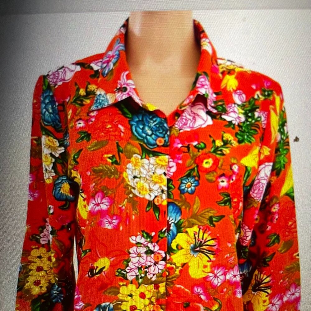 La Cera Orange Floral Rayon Chiffon/Crepe Shirt Size Medium Semi Sheer